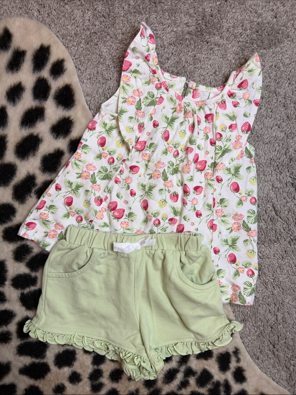 Strawberry Print Flutter Sleeve Top with Light Green Ruffle Shorts